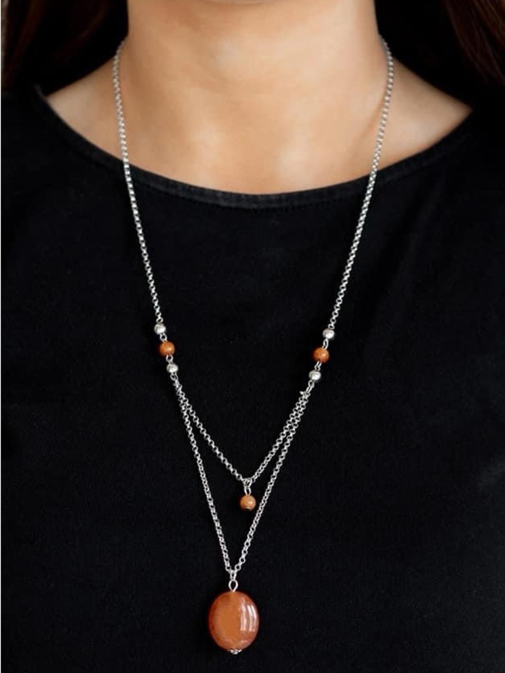 Silver Multi-Layer Necklace with rusty orange Stone Pendant